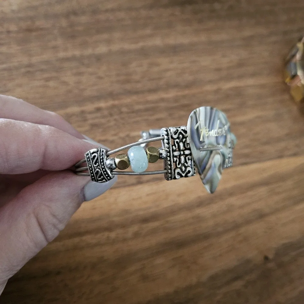 Fender Guitar Pick/String Bracelet Silver/Gold Beads. Boho Rocker Artisan.